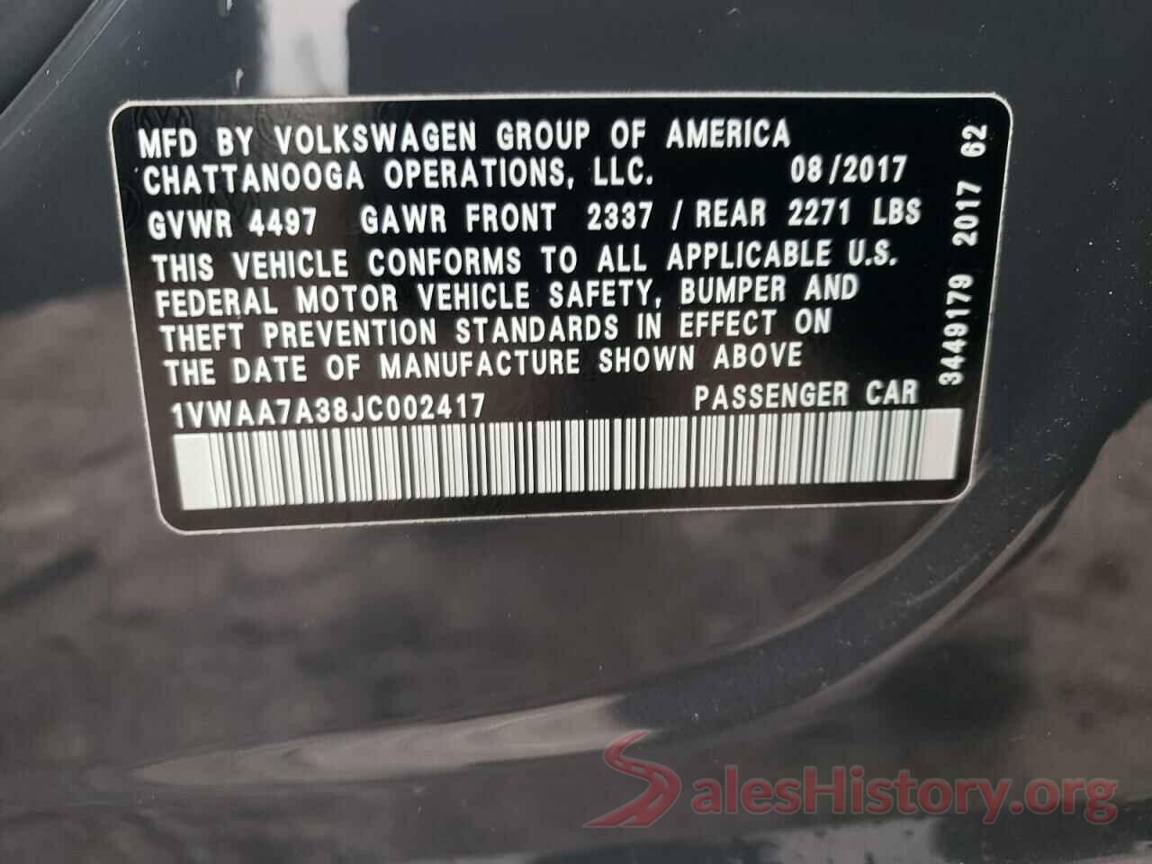 1VWAA7A38JC002417 2018 VOLKSWAGEN PASSAT