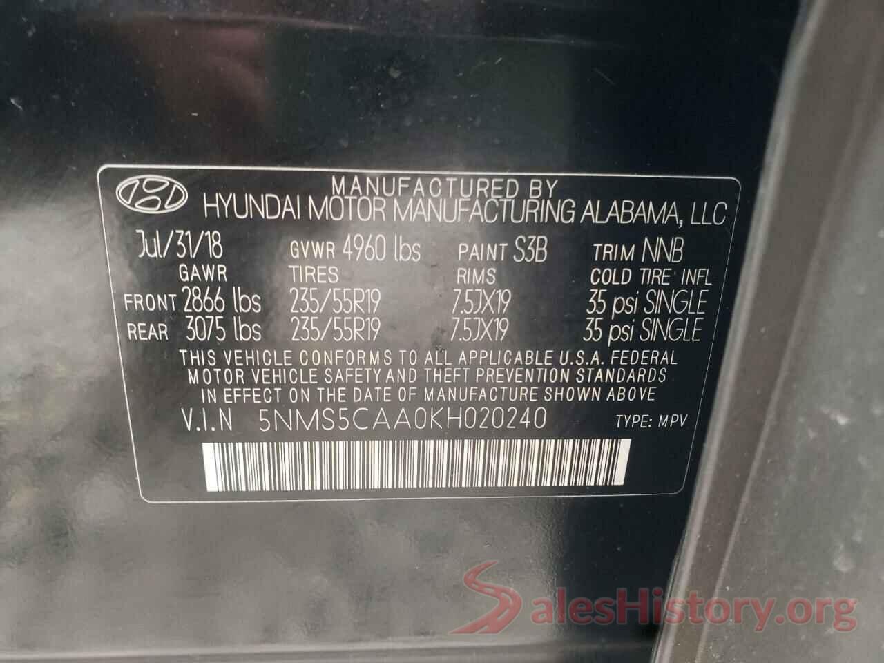 5NMS5CAA0KH020240 2019 HYUNDAI SANTA FE