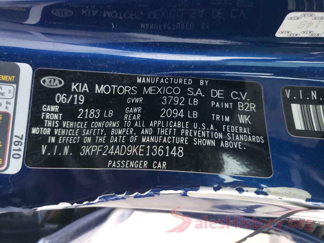 3KPF24AD9KE136148 2019 KIA FORTE