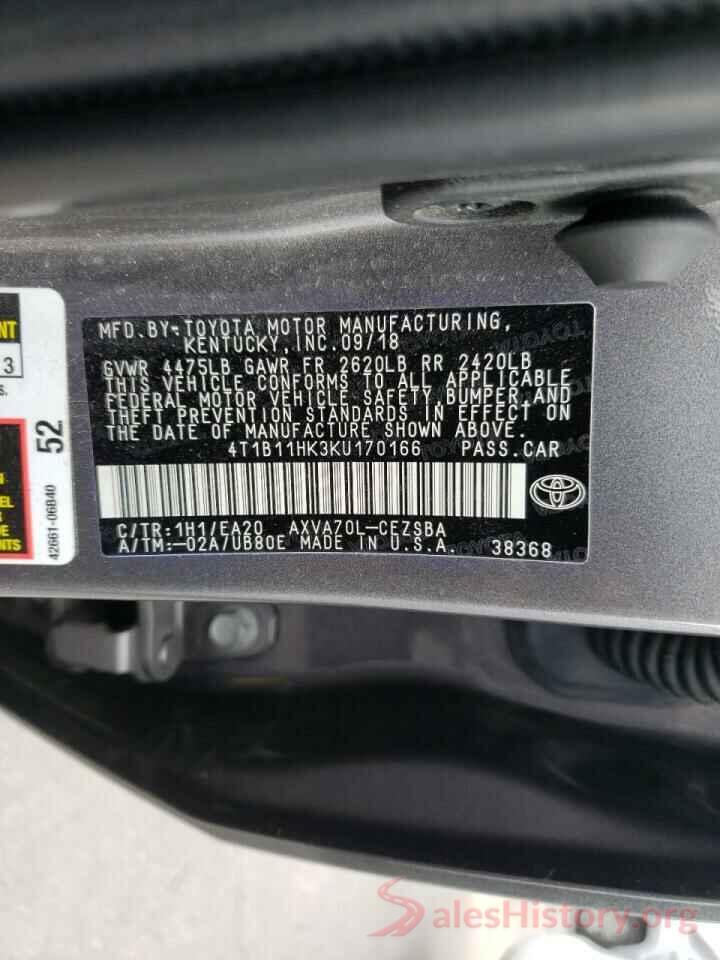 4T1B11HK3KU170166 2019 TOYOTA CAMRY