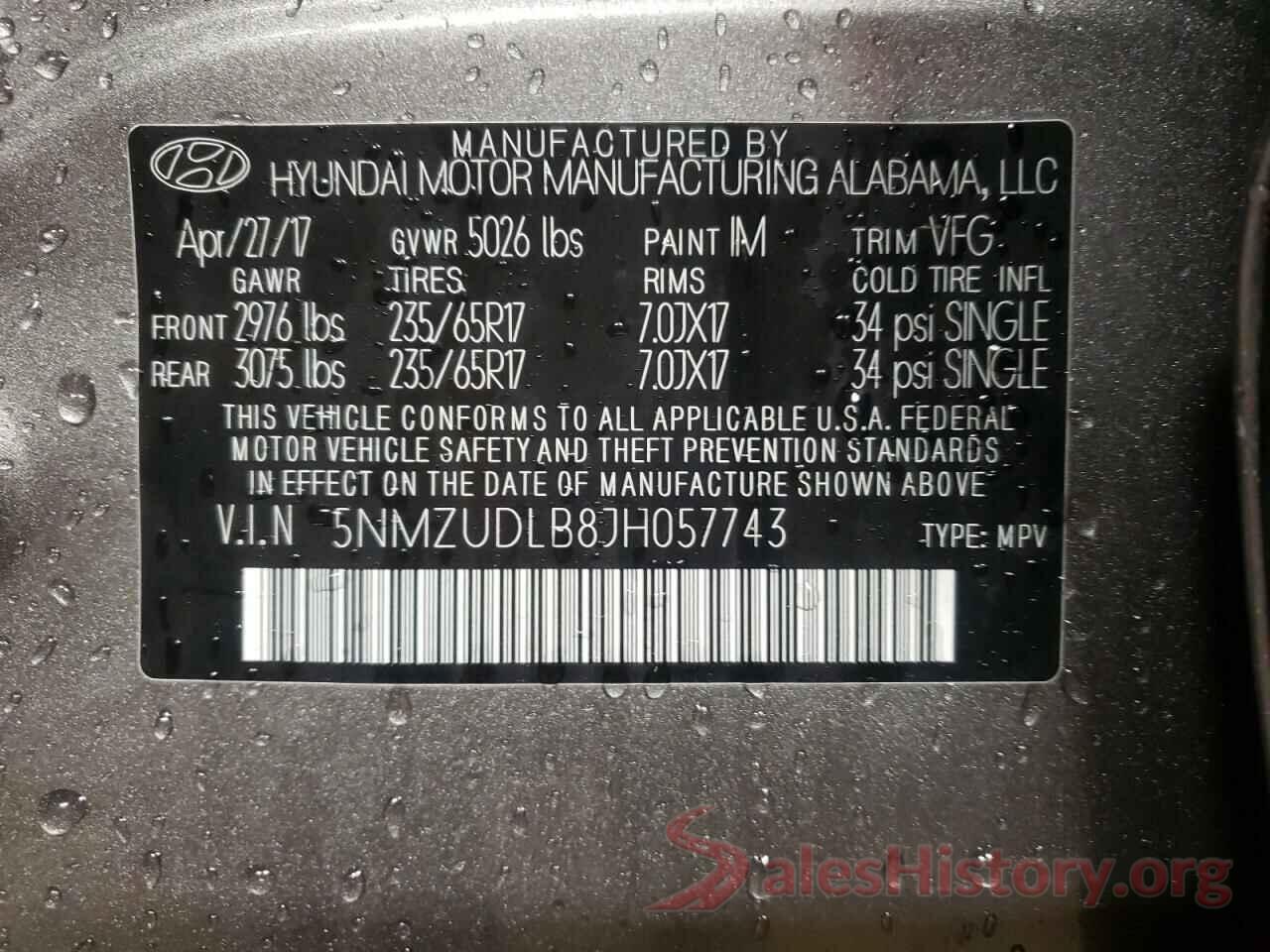 5NMZUDLB8JH057743 2018 HYUNDAI SANTA FE