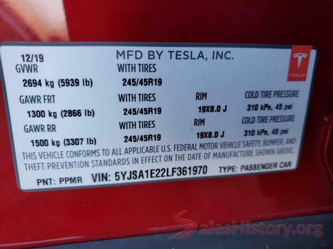 5YJSA1E22LF361970 2020 TESLA MODEL S