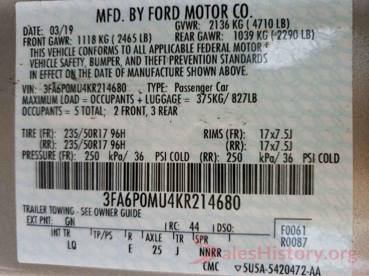 3FA6P0MU4KR214680 2019 FORD FUSION