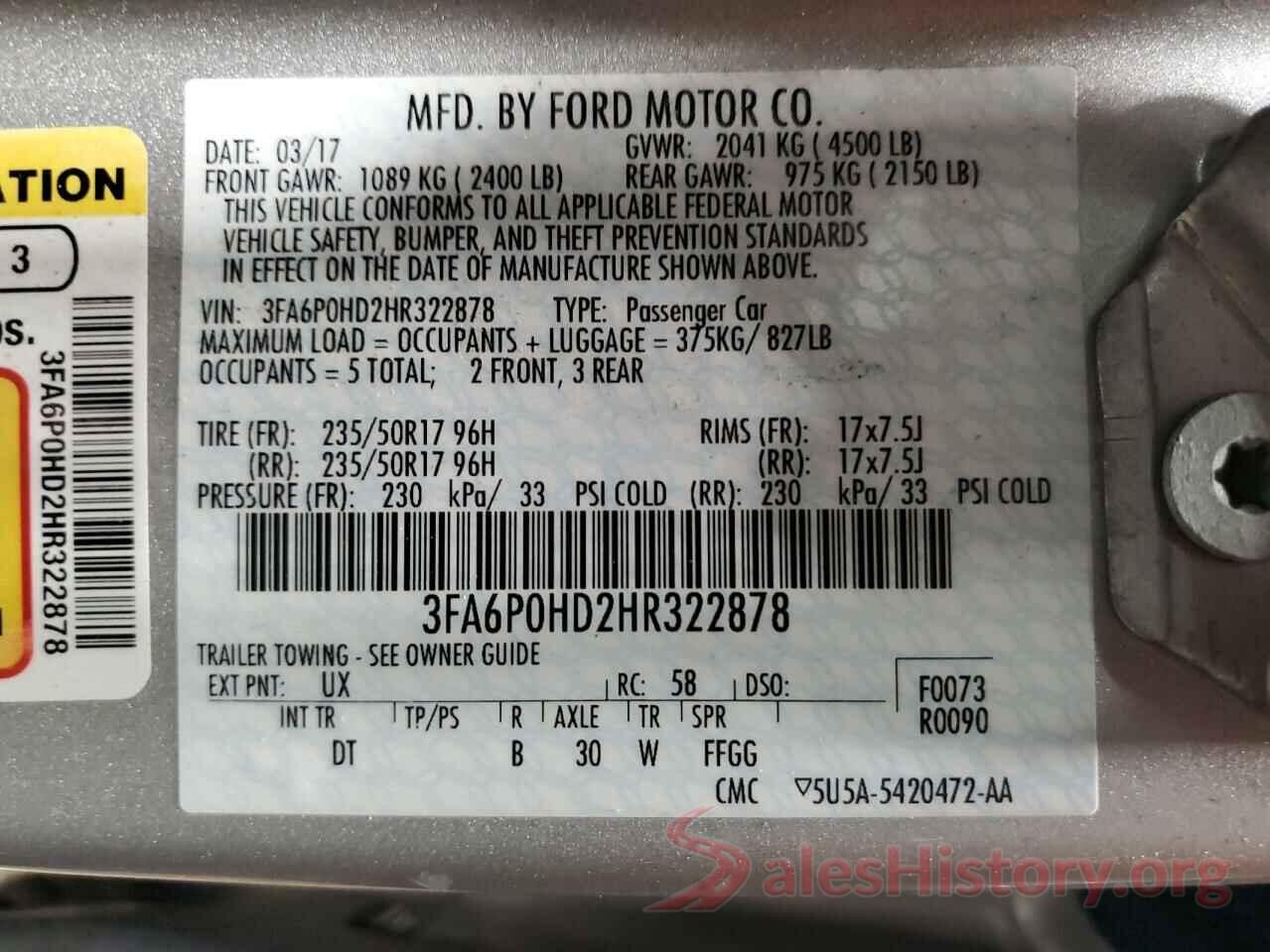 3FA6P0HD2HR322878 2017 FORD FUSION