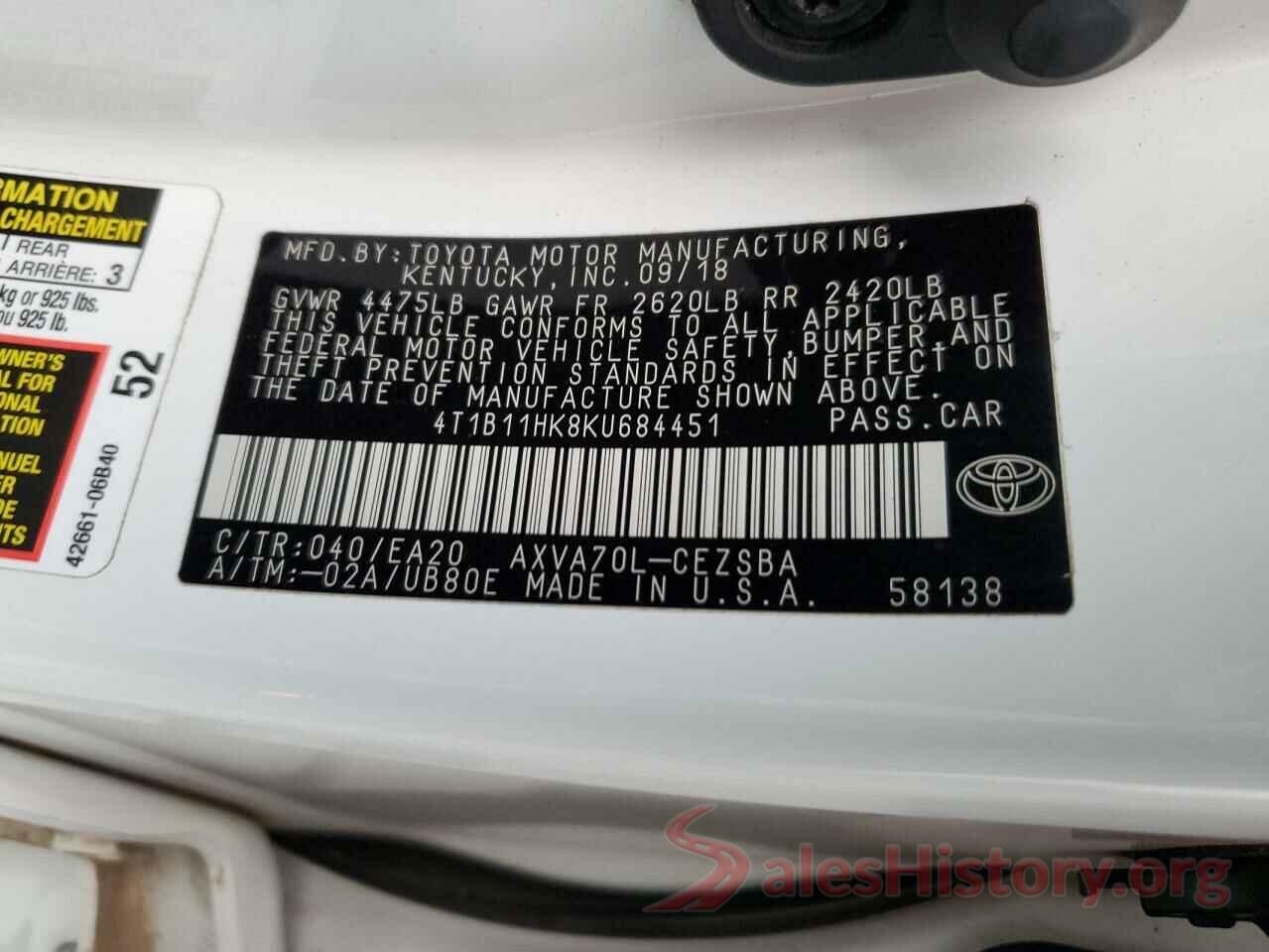 4T1B11HK8KU684451 2019 TOYOTA CAMRY