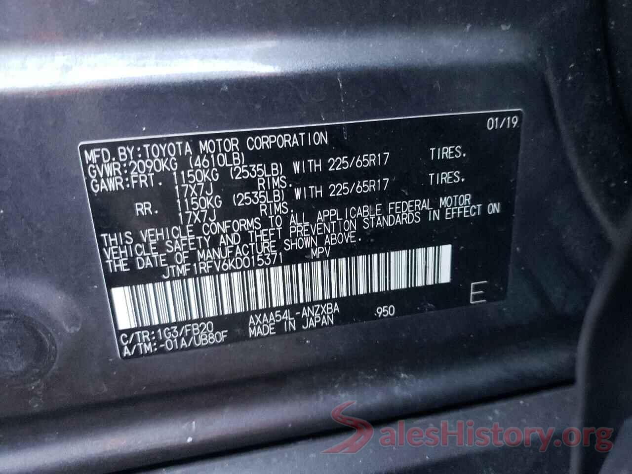 JTMF1RFV6KD015371 2019 TOYOTA RAV4