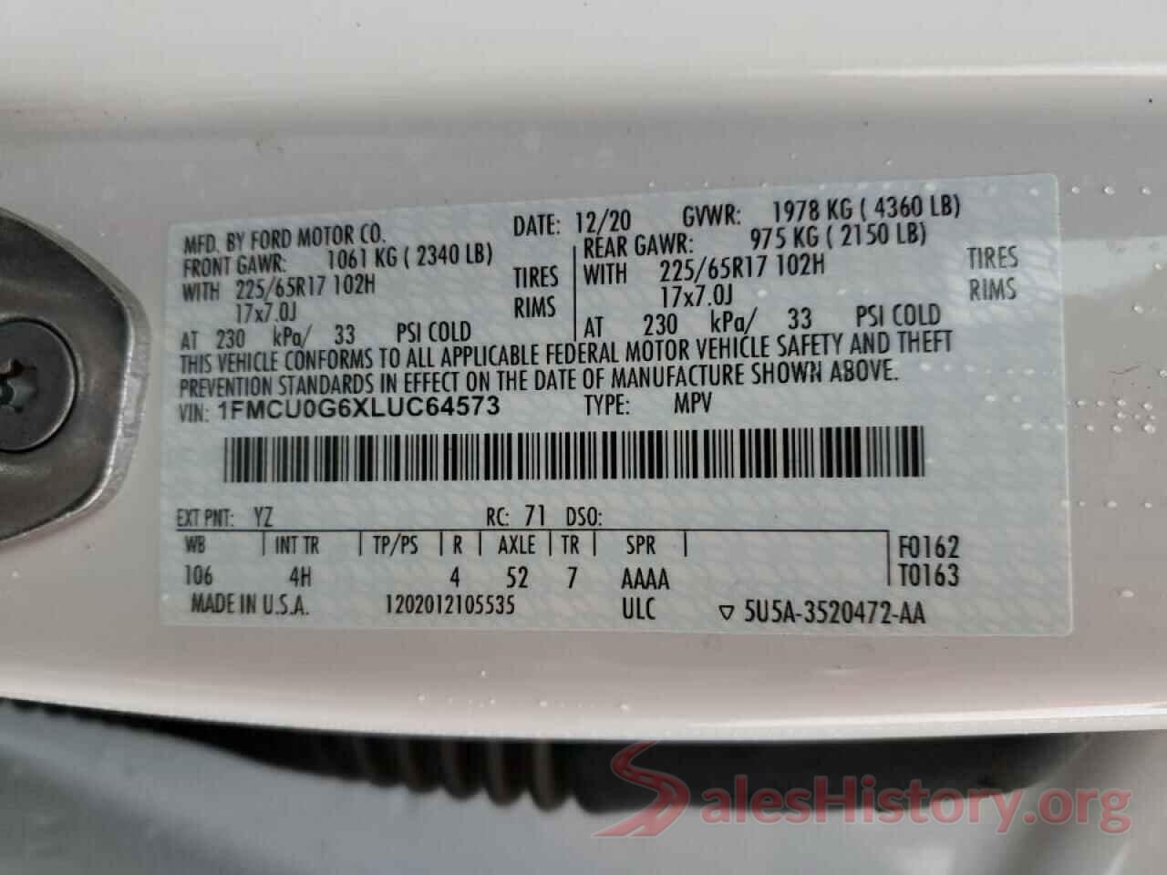 1FMCU0G6XLUC64573 2020 FORD ESCAPE