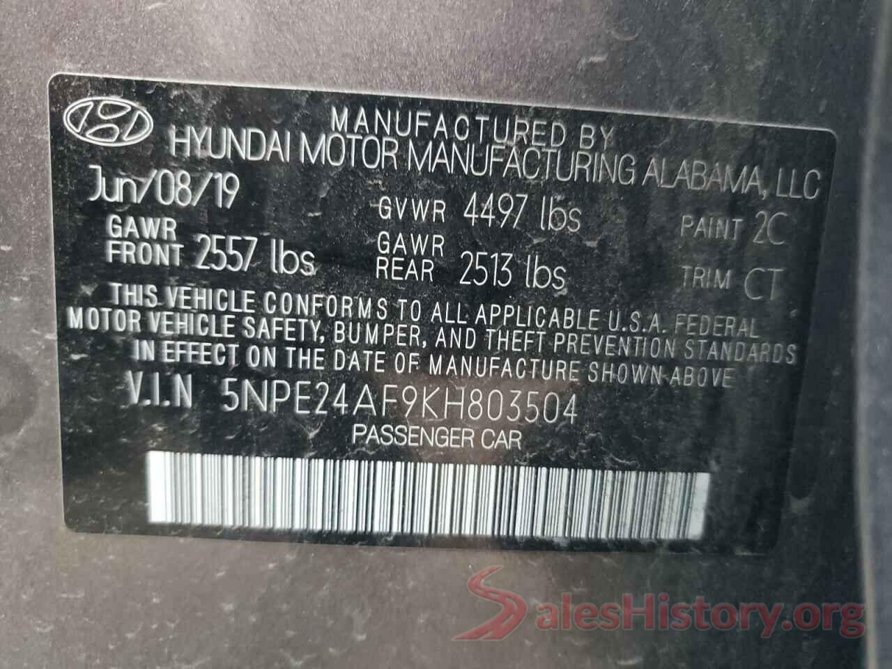 5NPE24AF9KH803504 2019 HYUNDAI SONATA