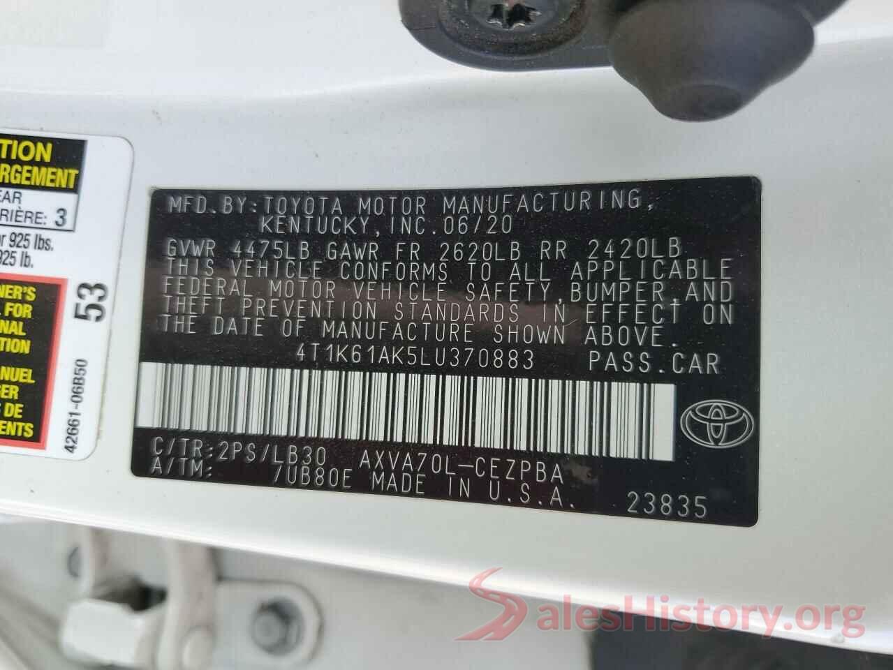 4T1K61AK5LU370883 2020 TOYOTA CAMRY