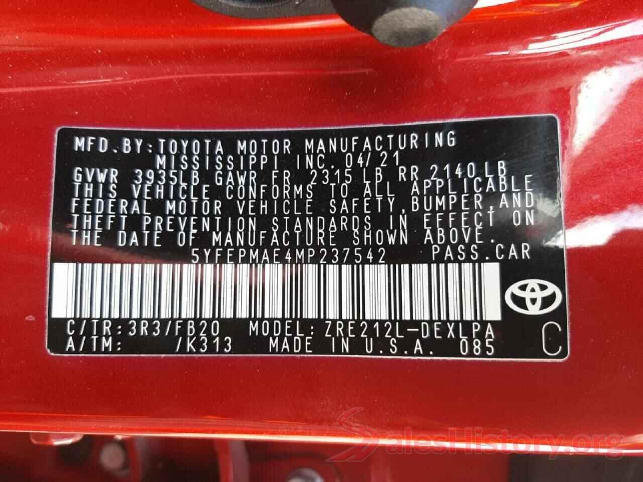 5YFEPMAE4MP237542 2021 TOYOTA COROLLA