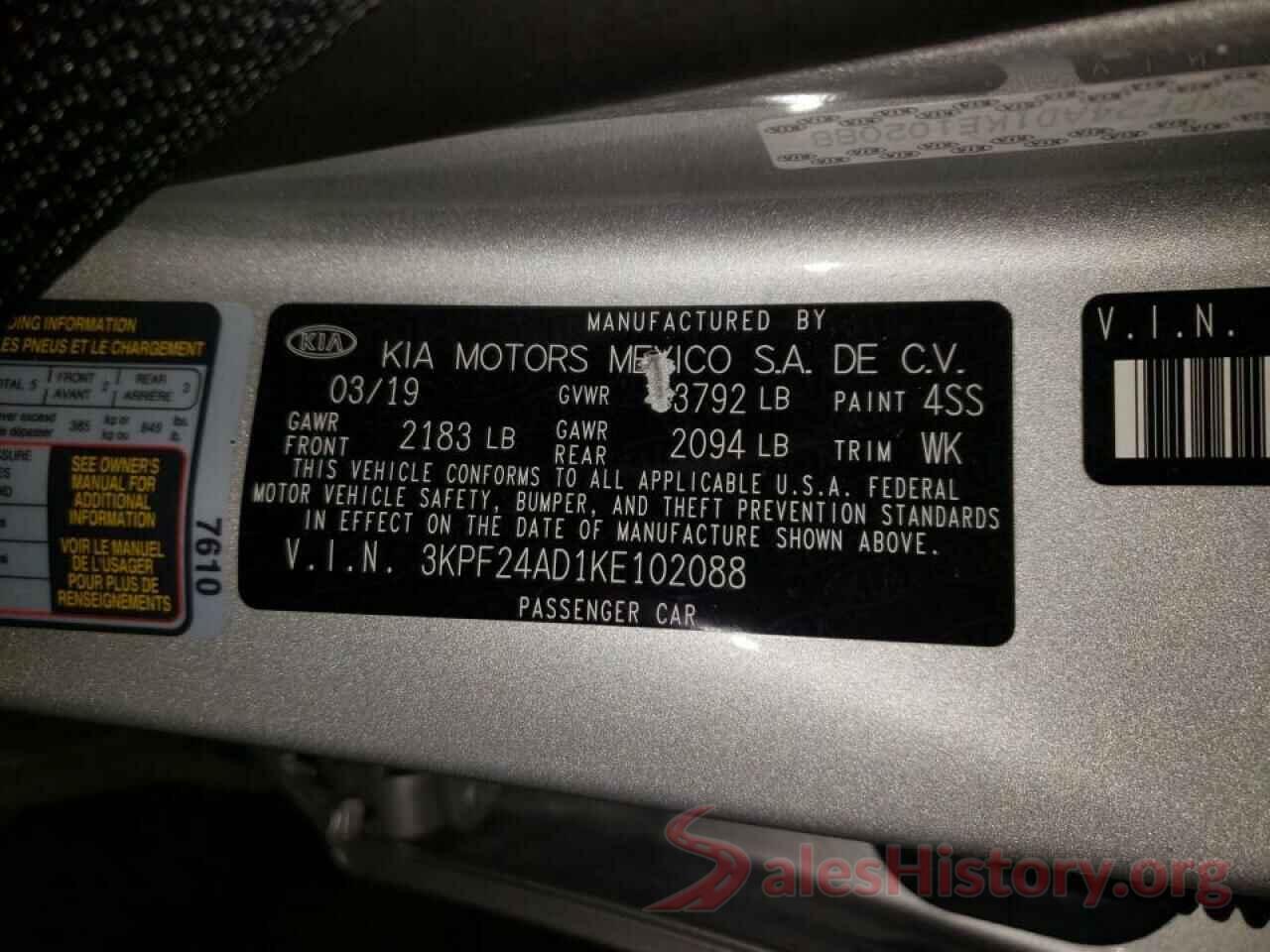 3KPF24AD1KE102088 2019 KIA FORTE