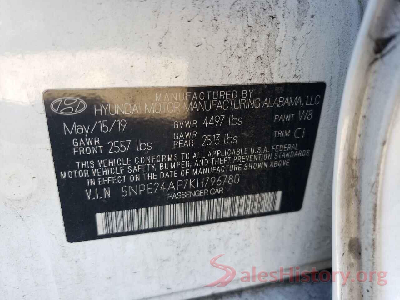 5NPE24AF7KH796780 2019 HYUNDAI SONATA