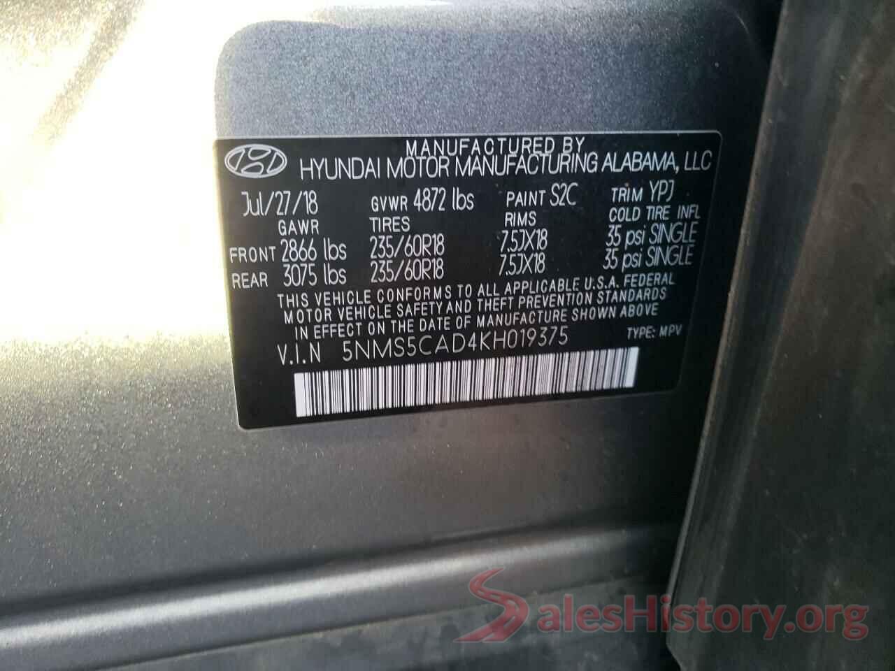 5NMS5CAD4KH019375 2019 HYUNDAI SANTA FE