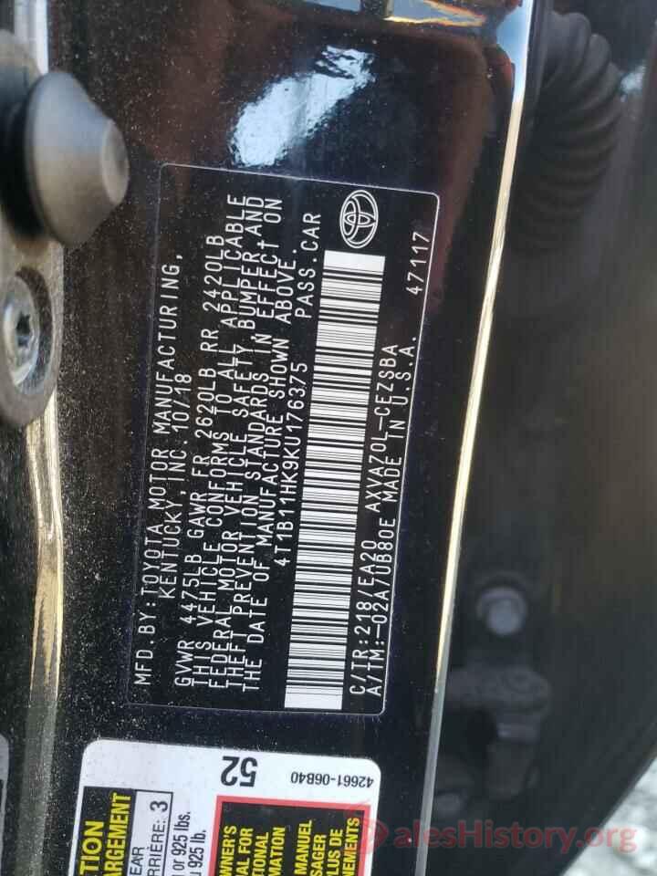 4T1B11HK9KU176375 2019 TOYOTA CAMRY