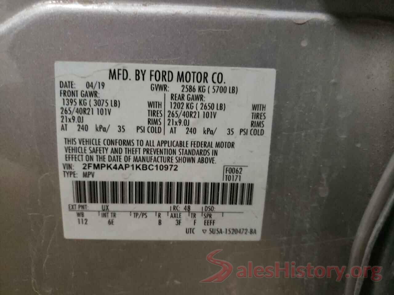 2FMPK4AP1KBC10972 2019 FORD EDGE