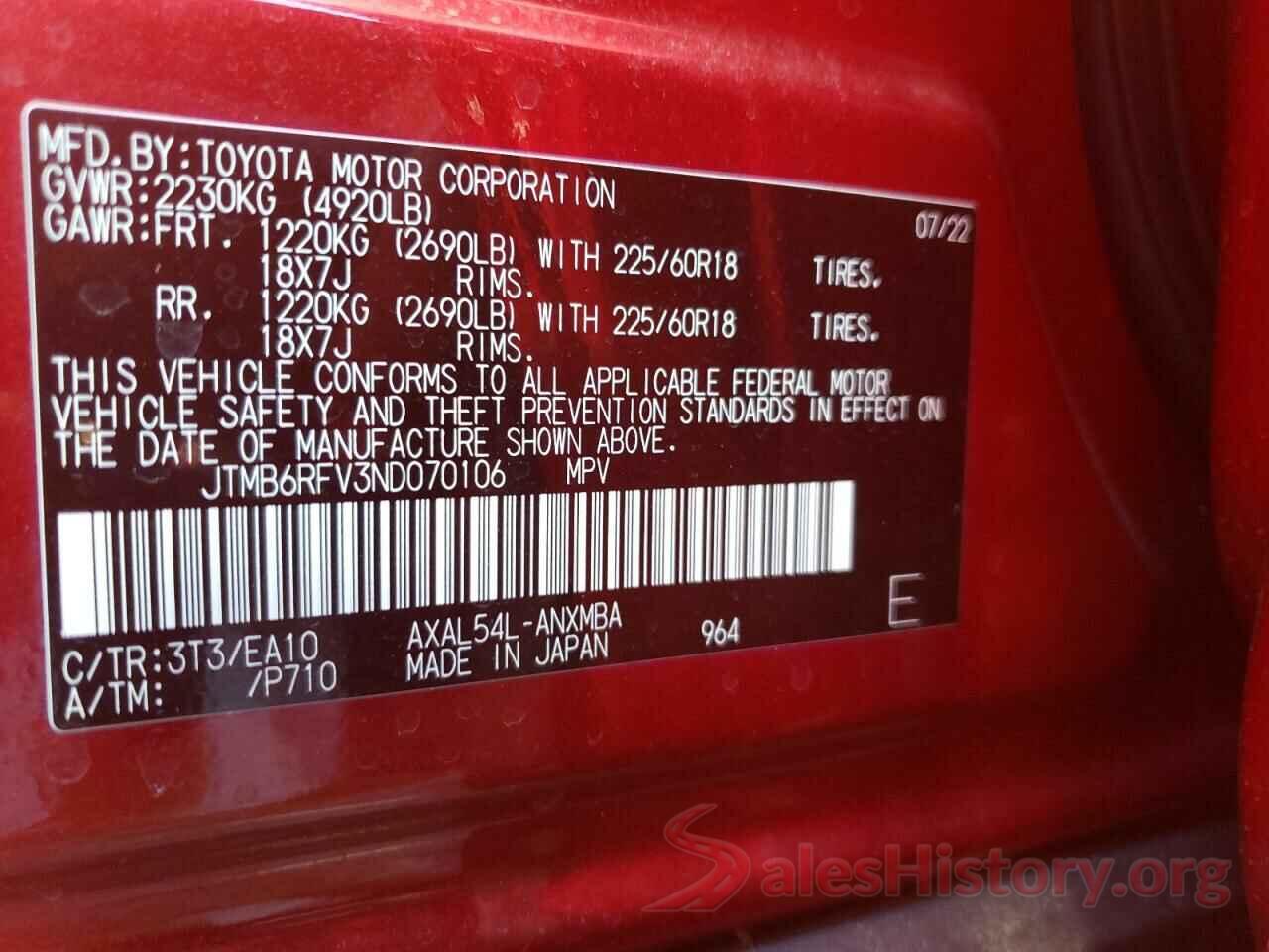 JTMB6RFV3ND070106 2022 TOYOTA RAV4