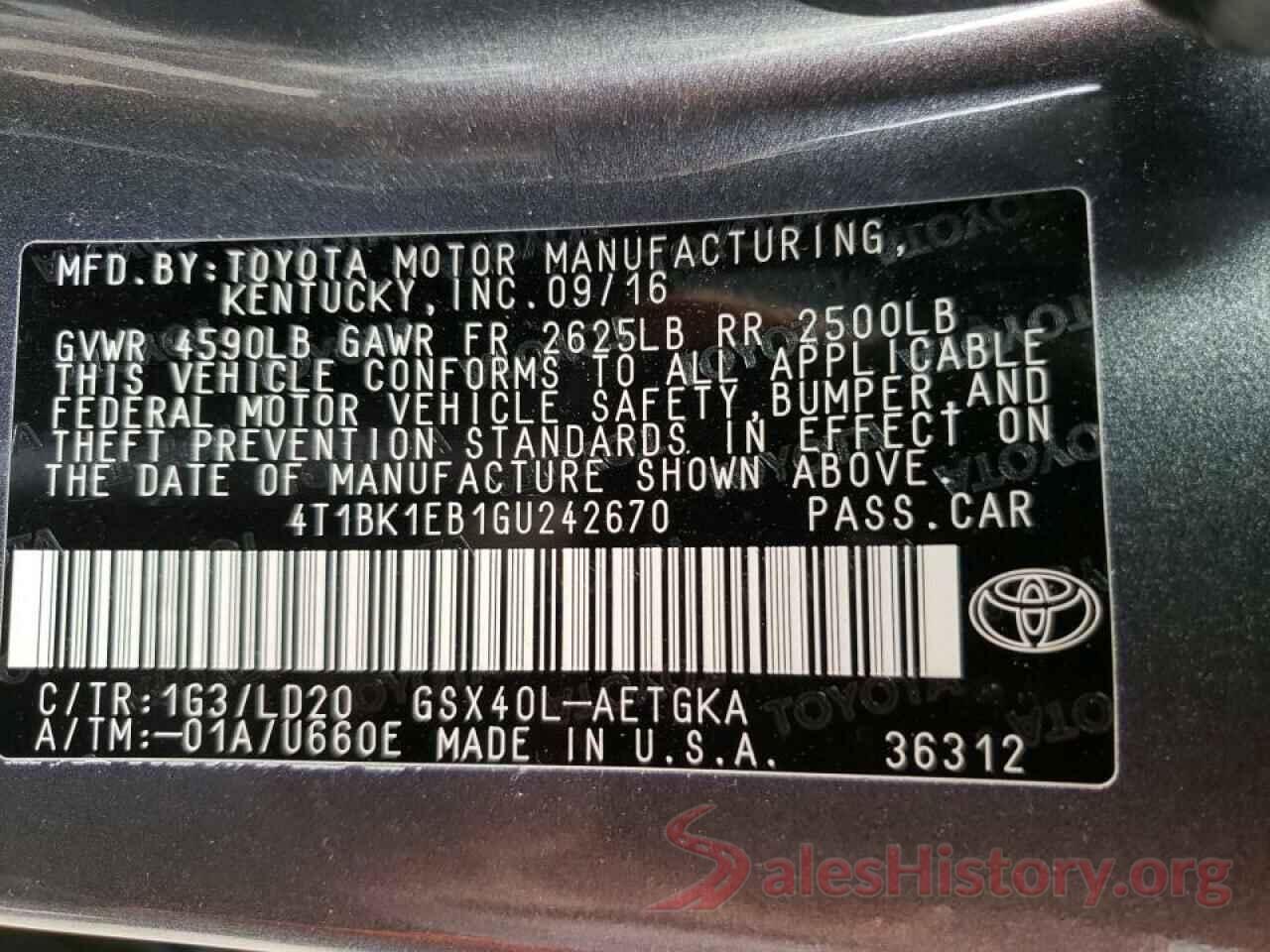 4T1BK1EB1GU242670 2016 TOYOTA AVALON