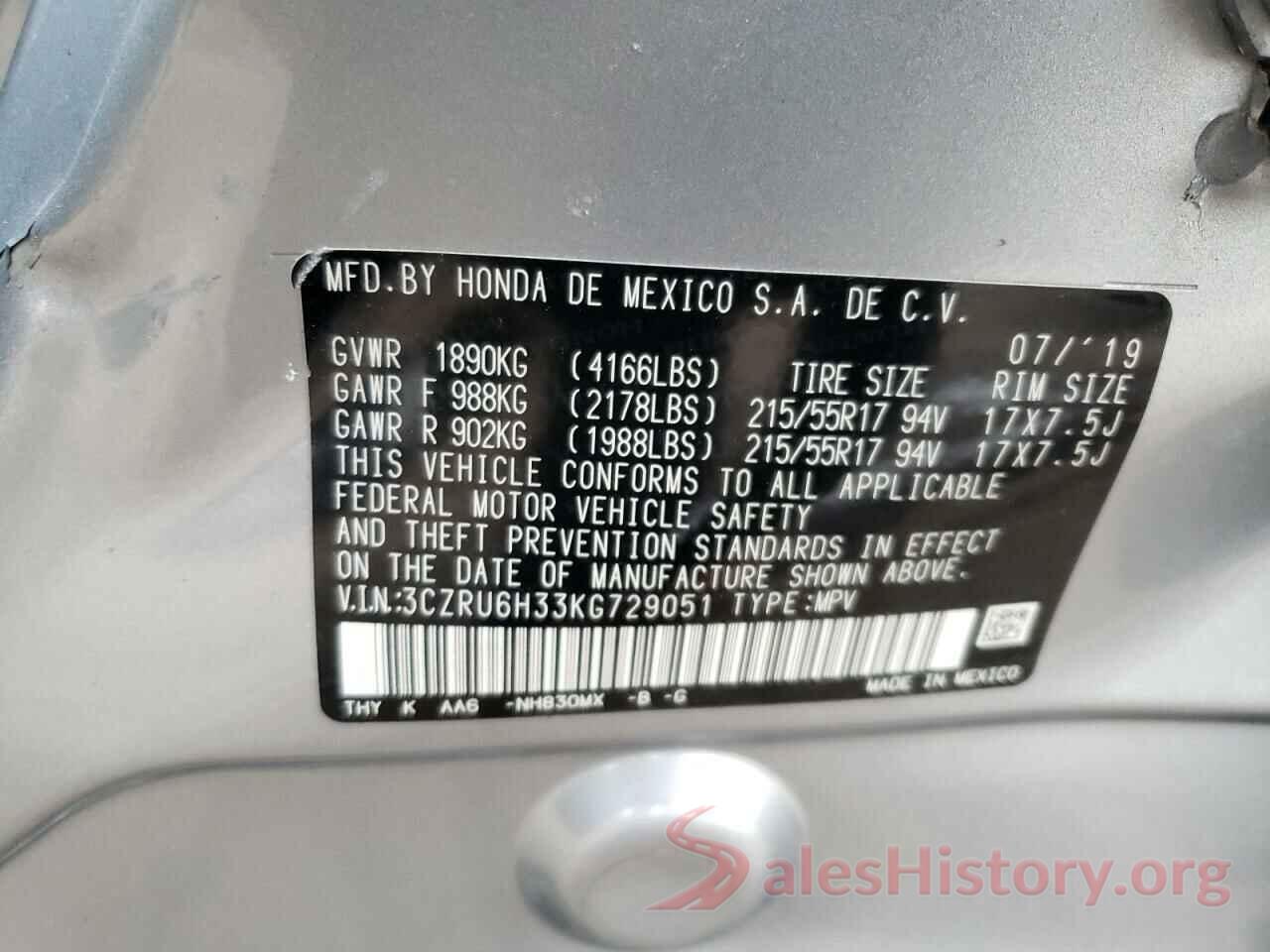 3CZRU6H33KG729051 2019 HONDA HR-V