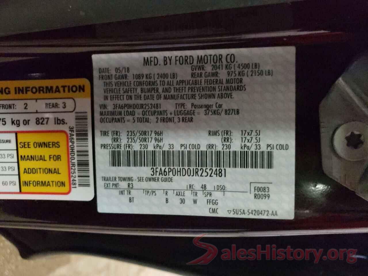 3FA6P0HD0JR252481 2018 FORD FUSION