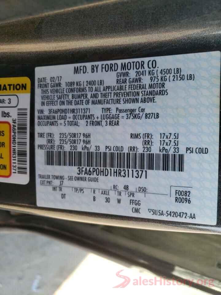 3FA6P0HD1HR311371 2017 FORD FUSION