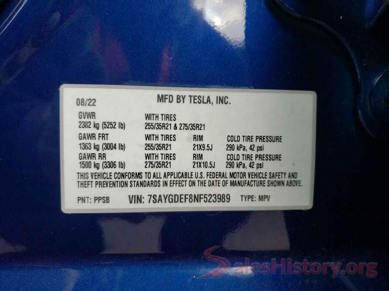 7SAYGDEF8NF523989 2022 TESLA MODEL Y