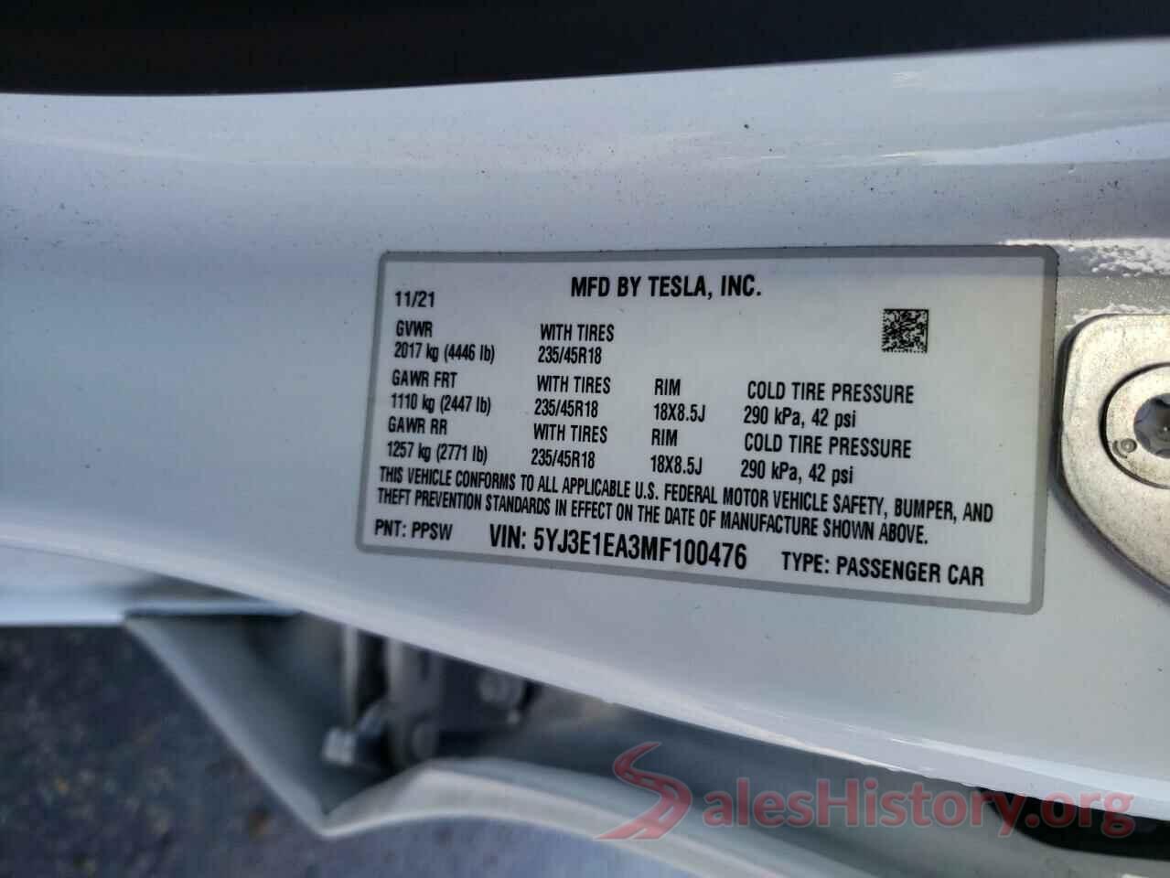 5YJ3E1EA3MF100476 2021 TESLA MODEL 3