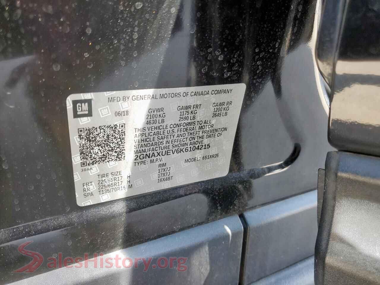 2019 CHEVROLET EQUINOX VIN 2GNAXUEV6K6104215, trunk area