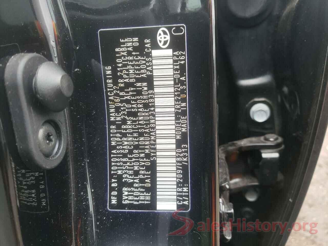 5YFEPMAE8NP341839 2022 TOYOTA COROLLA