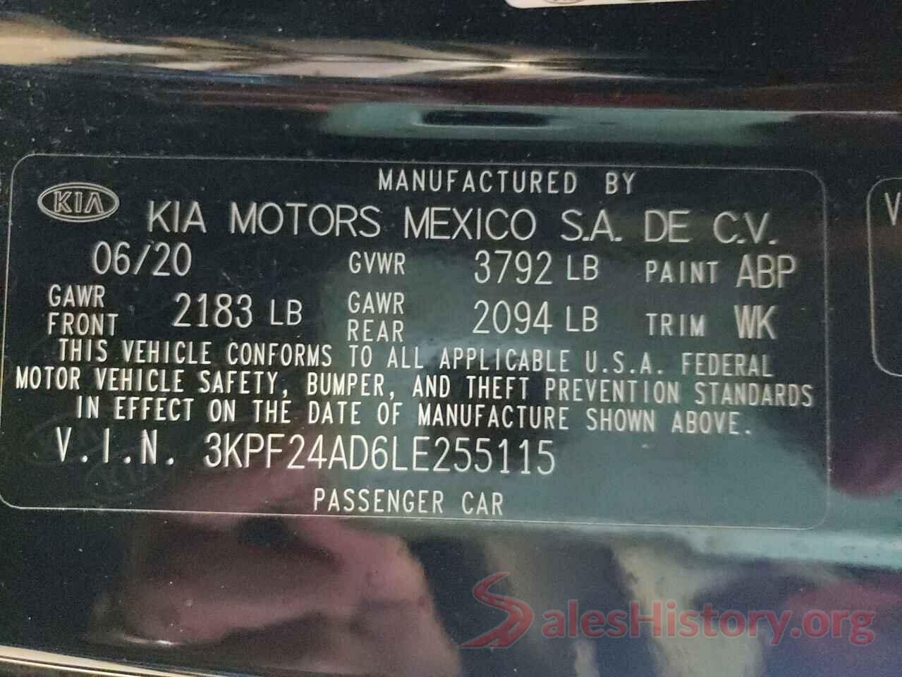 3KPF24AD6LE255115 2020 KIA FORTE