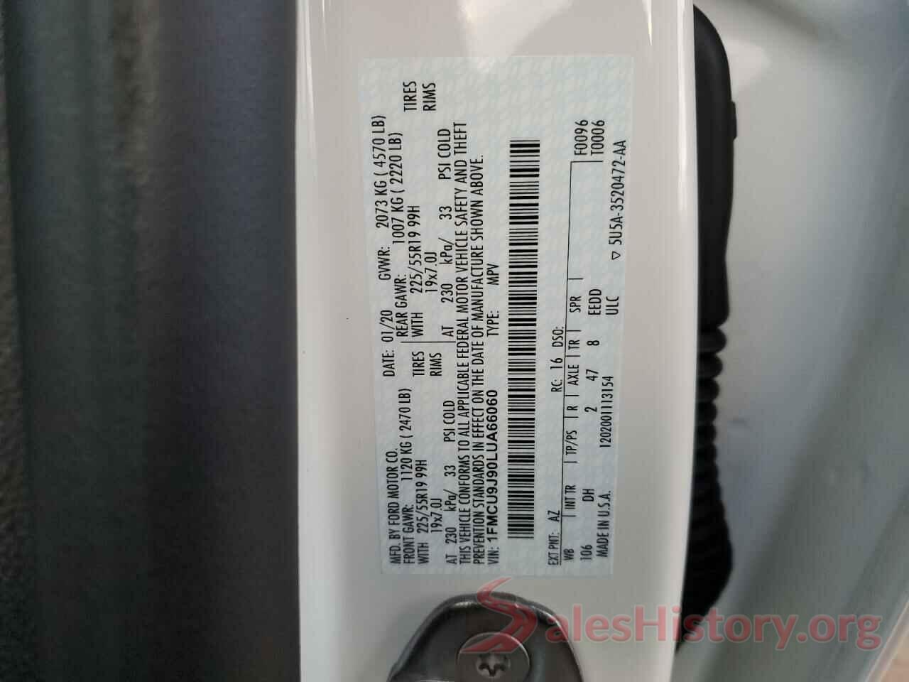 1FMCU9J90LUA66060 2020 FORD ESCAPE