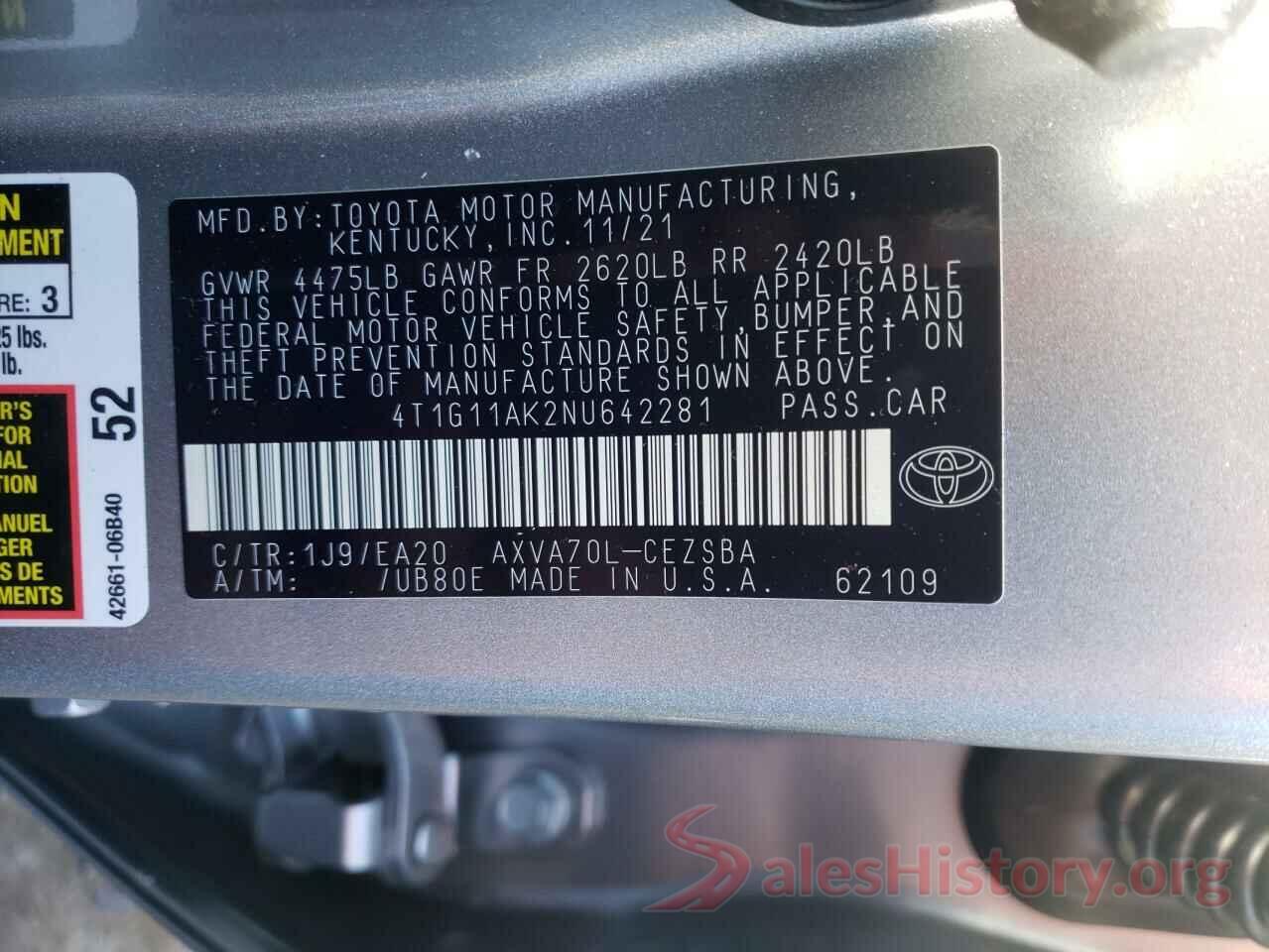 4T1G11AK2NU642281 2022 TOYOTA CAMRY