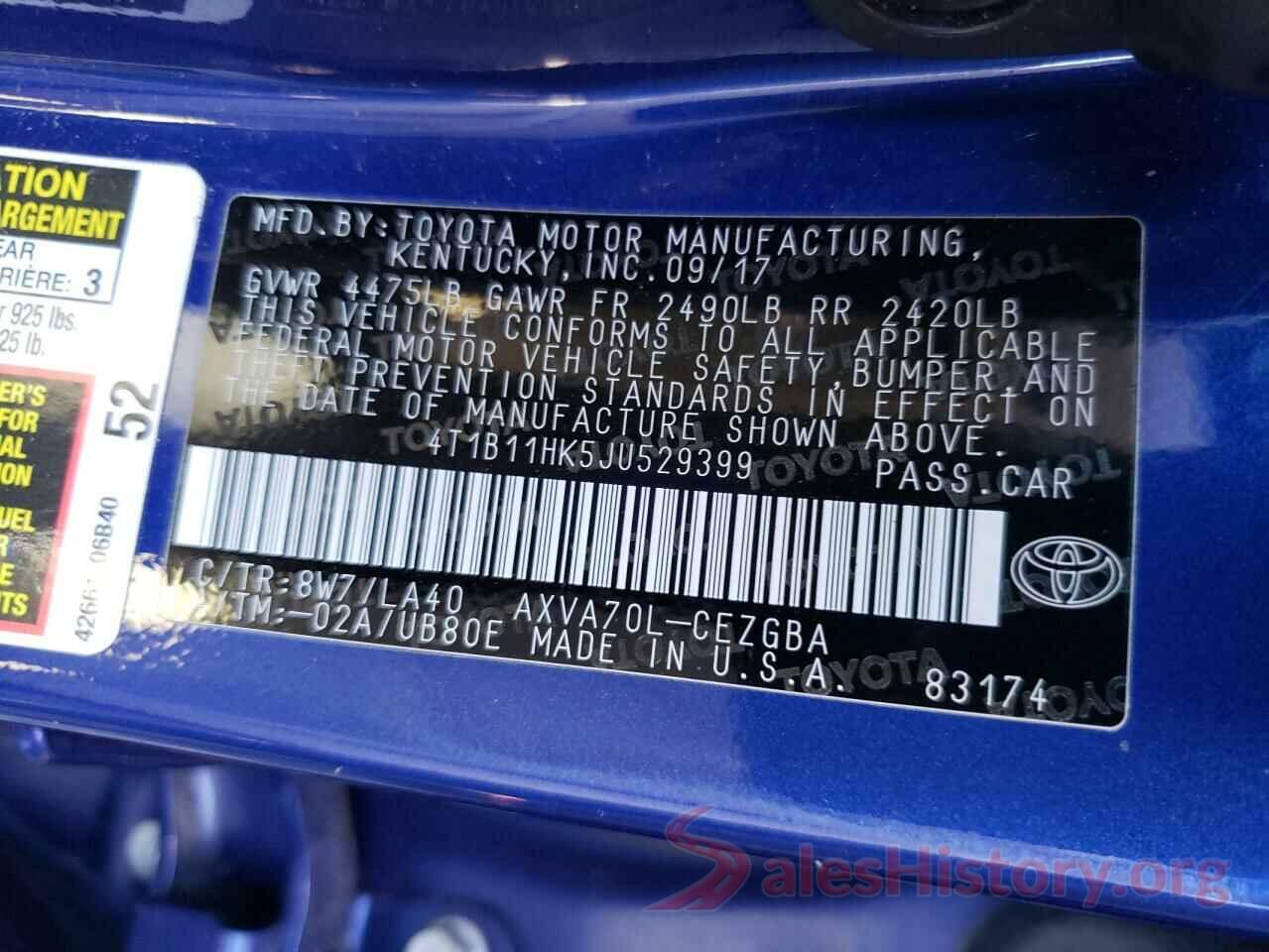 4T1B11HK5JU529399 2018 TOYOTA CAMRY