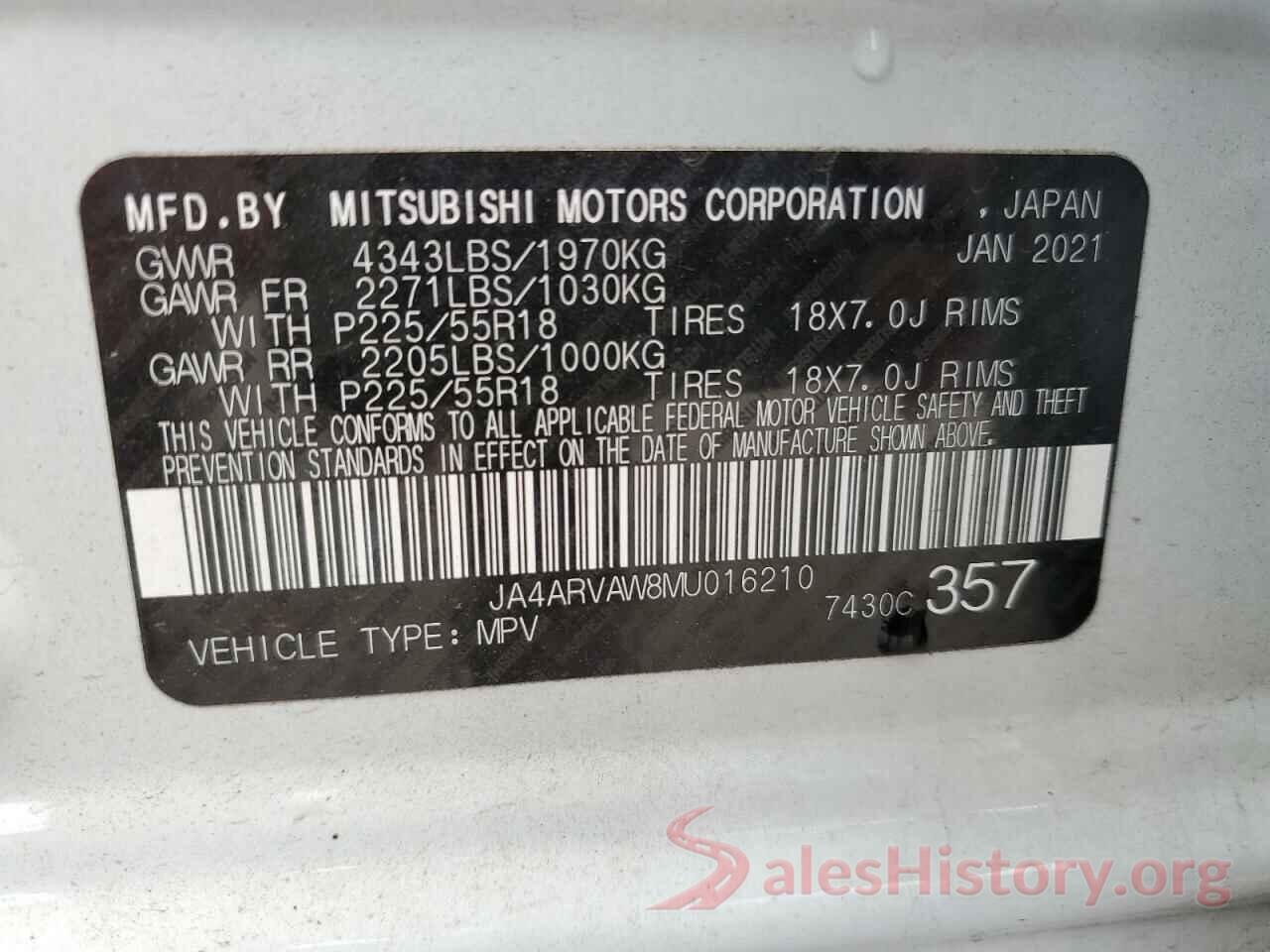 JA4ARVAW8MU016210 2021 MITSUBISHI OUTLANDER