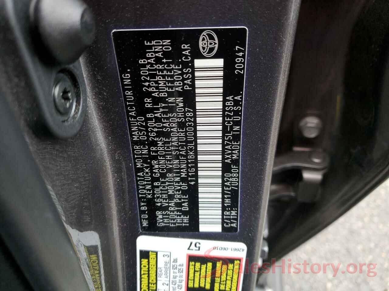 4T1G11BK3LU003287 2020 TOYOTA CAMRY