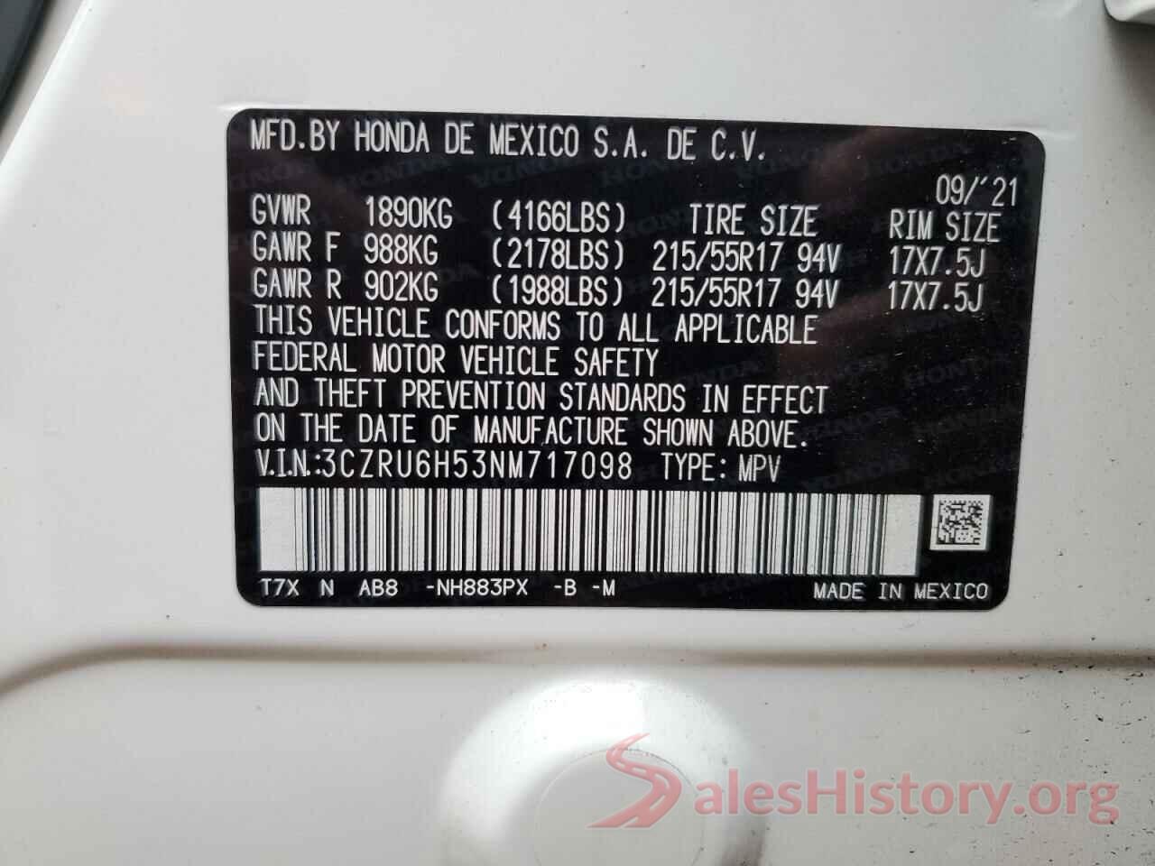 3CZRU6H53NM717098 2022 HONDA HR-V