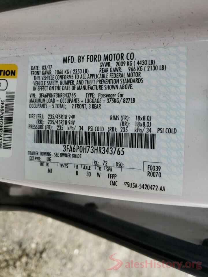 3FA6P0H73HR343765 2017 FORD FUSION