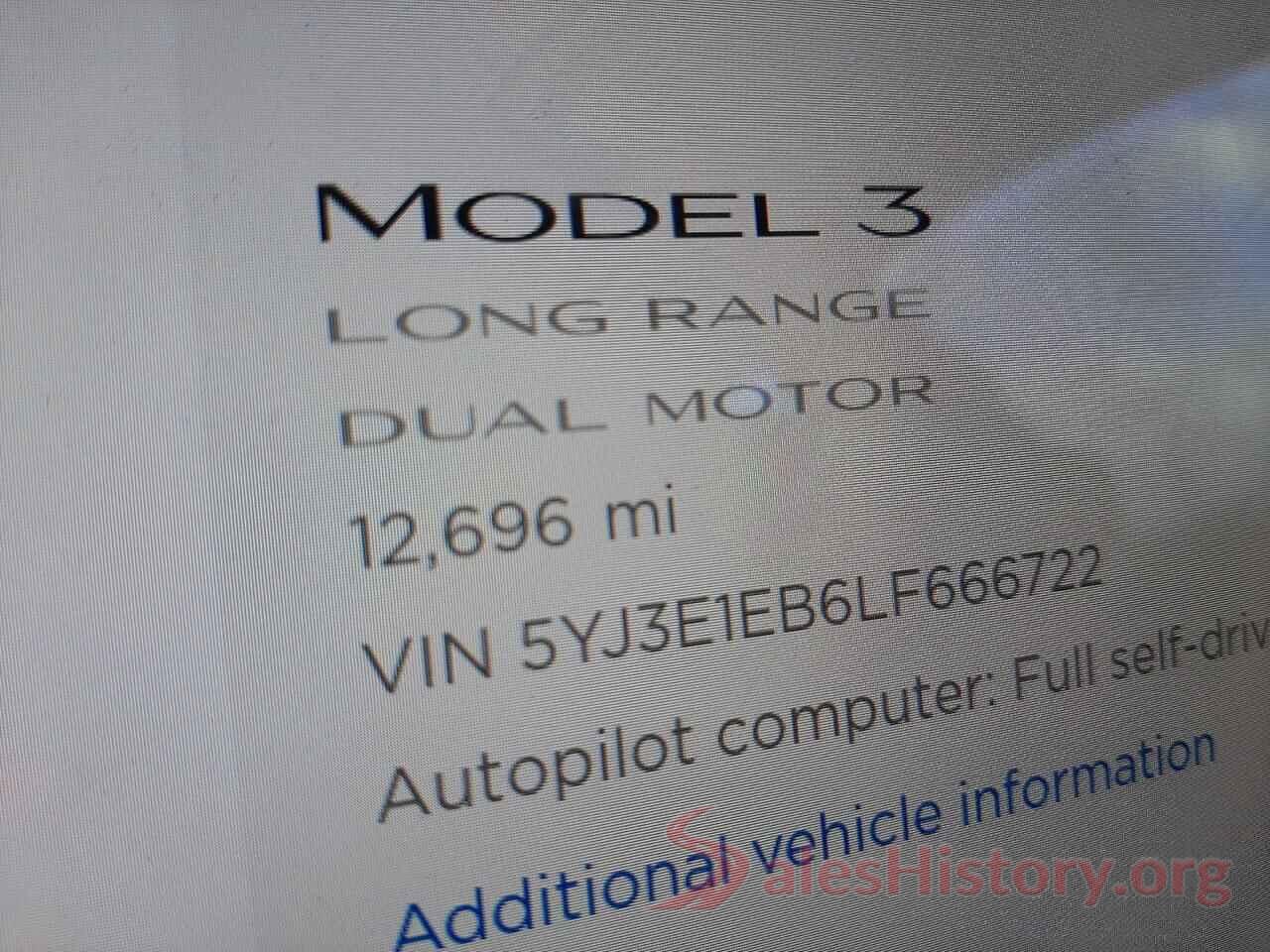 5YJ3E1EB6LF666722 2020 TESLA MODEL 3