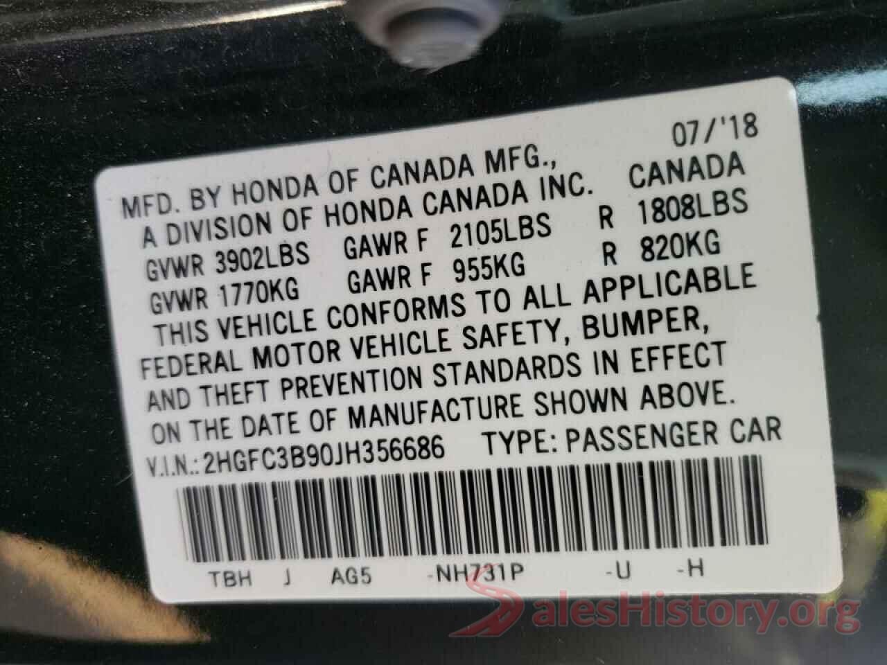 2HGFC3B90JH356686 2018 HONDA CIVIC