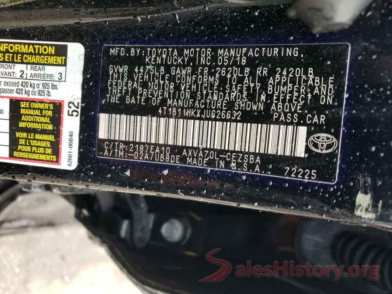 4T1B11HKXJU626632 2018 TOYOTA CAMRY