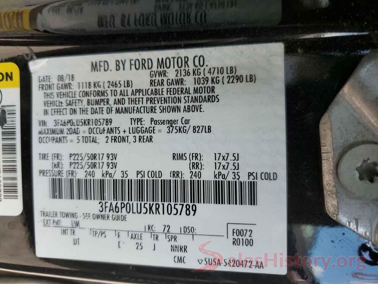 3FA6P0LU5KR105789 2019 FORD FUSION