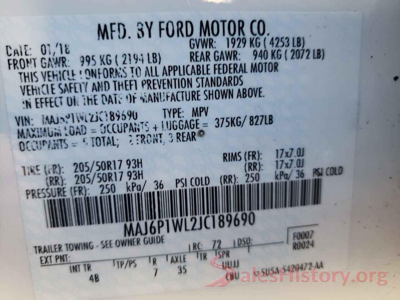 MAJ6P1WL2JC189690 2018 FORD ALL OTHER