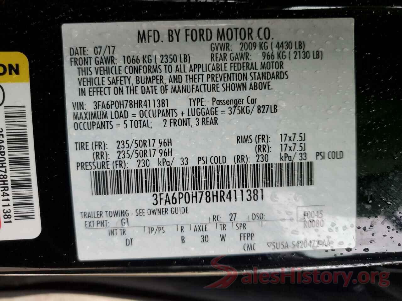 3FA6P0H78HR411381 2017 FORD FUSION