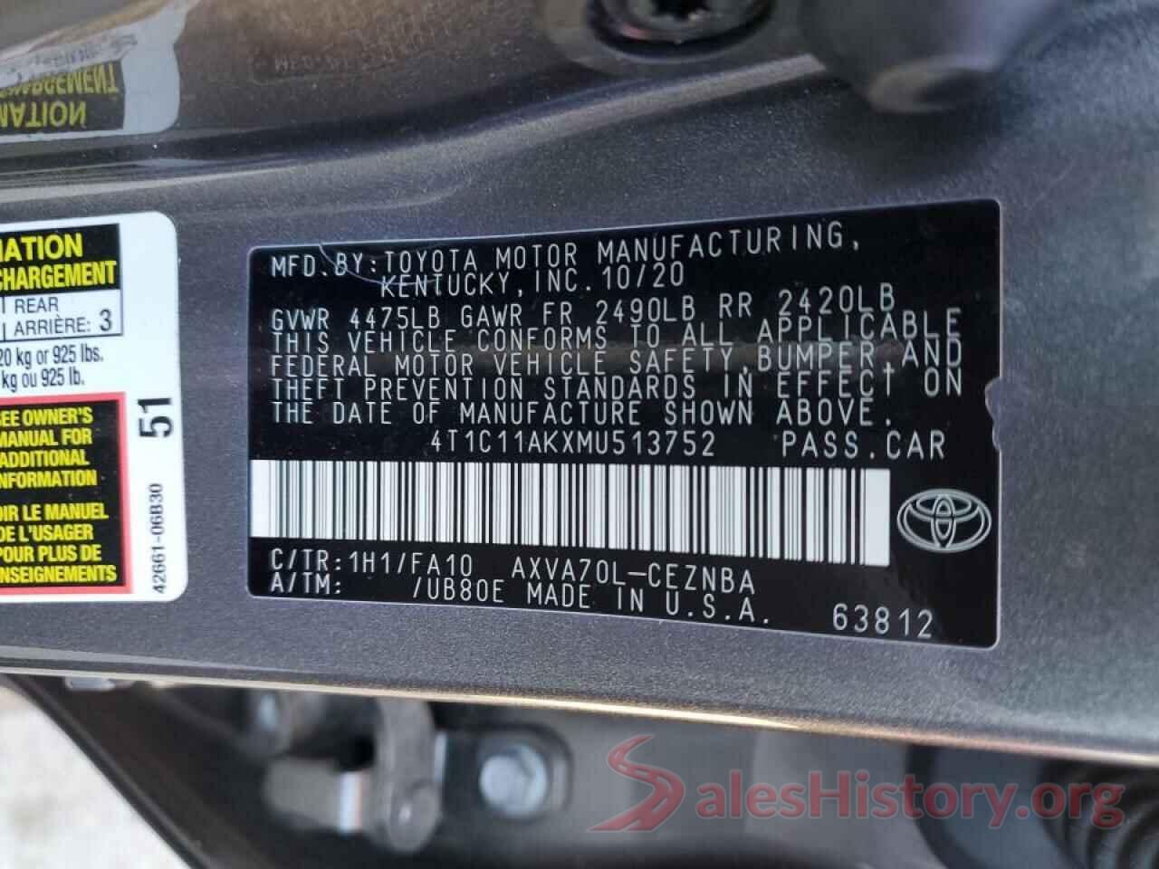 4T1C11AKXMU513752 2021 TOYOTA CAMRY