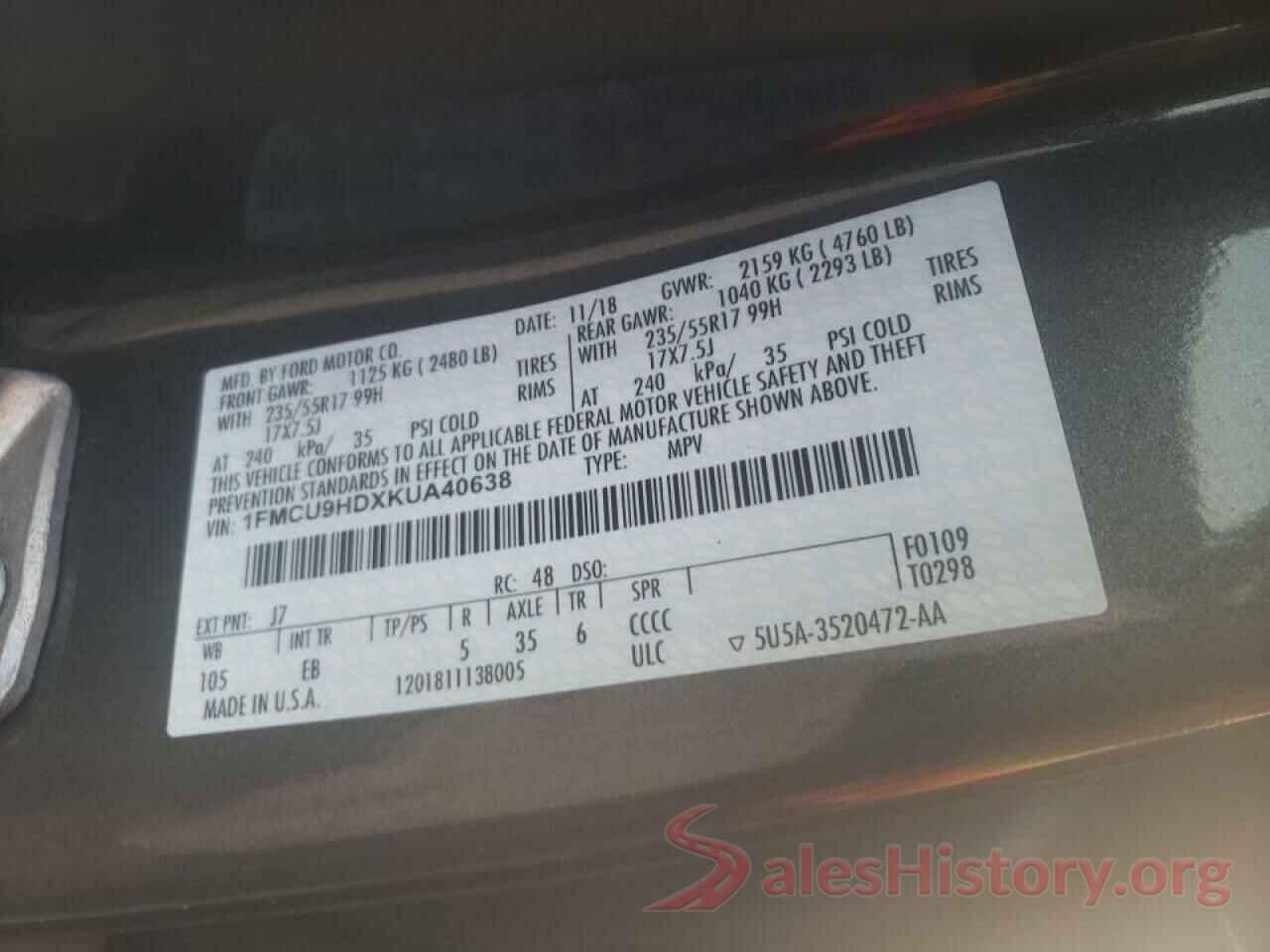 1FMCU9HDXKUA40638 2019 FORD ESCAPE