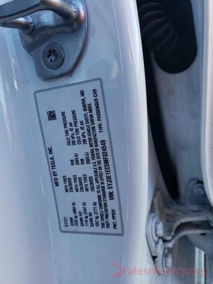 5YJ3E1EC5MF024549 2021 TESLA MODEL 3