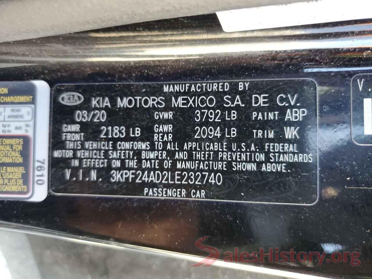 3KPF24AD2LE232740 2020 KIA FORTE