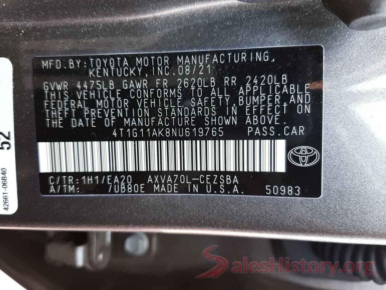 4T1G11AK8NU619765 2022 TOYOTA CAMRY