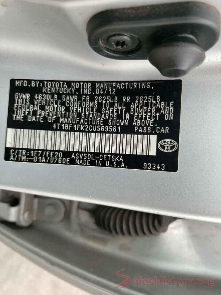 4T1BF1FK2CU569561 2012 TOYOTA CAMRY