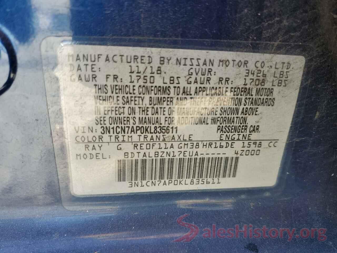 3N1CN7AP0KL835611 2019 NISSAN VERSA