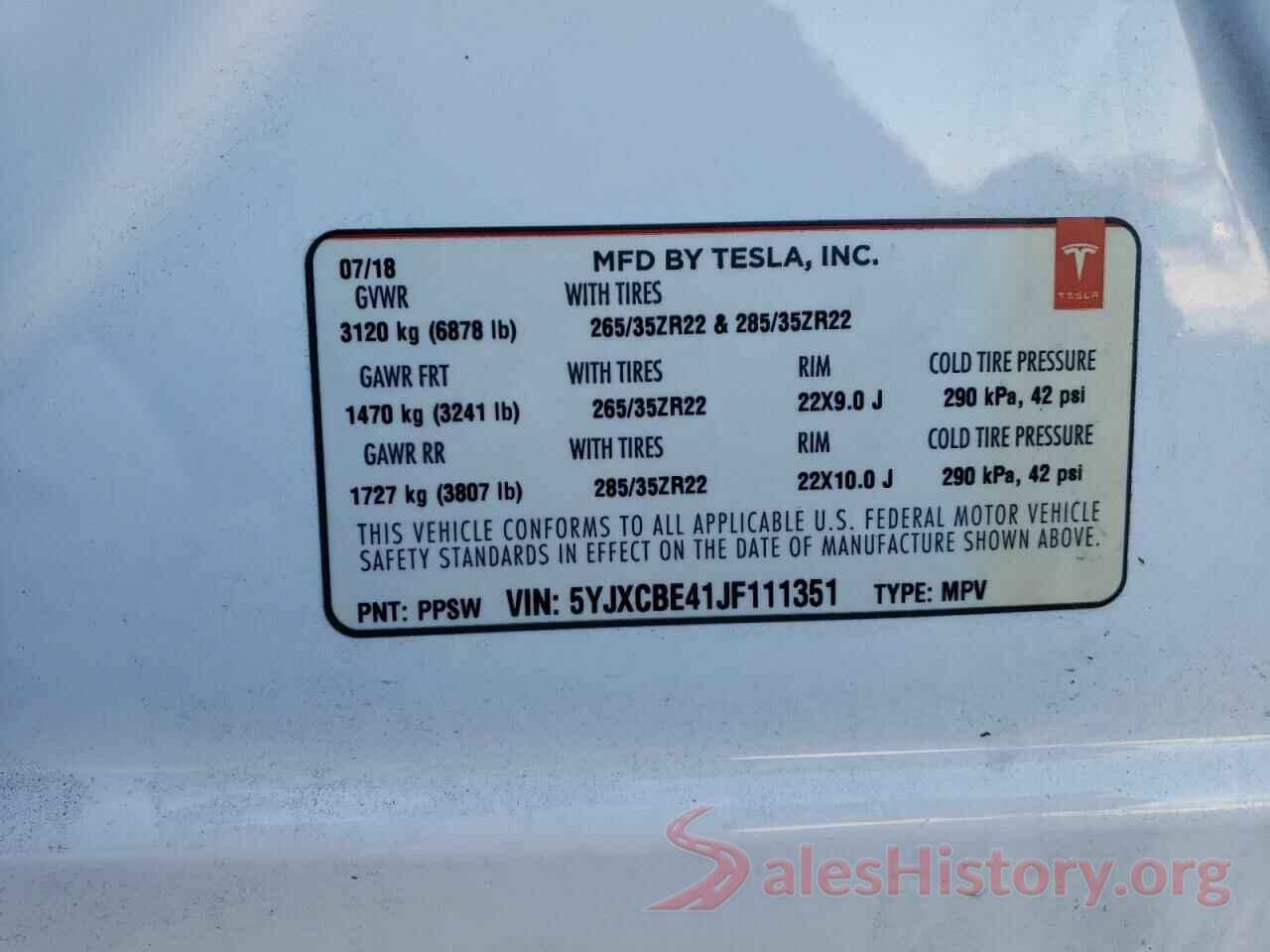 5YJXCBE41JF111351 2018 TESLA MODEL X